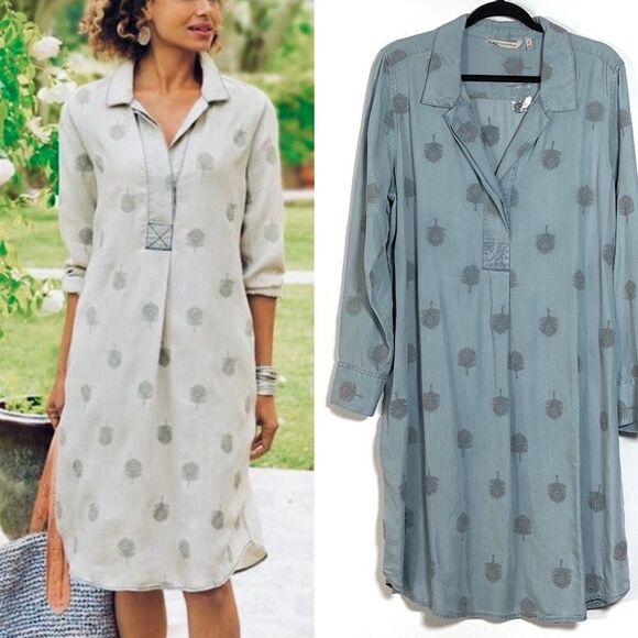 Soft Surroundings- Tencel Lyocell Chambray Feather Embroidered Dress, Sz Medium - Picture 1 of 14